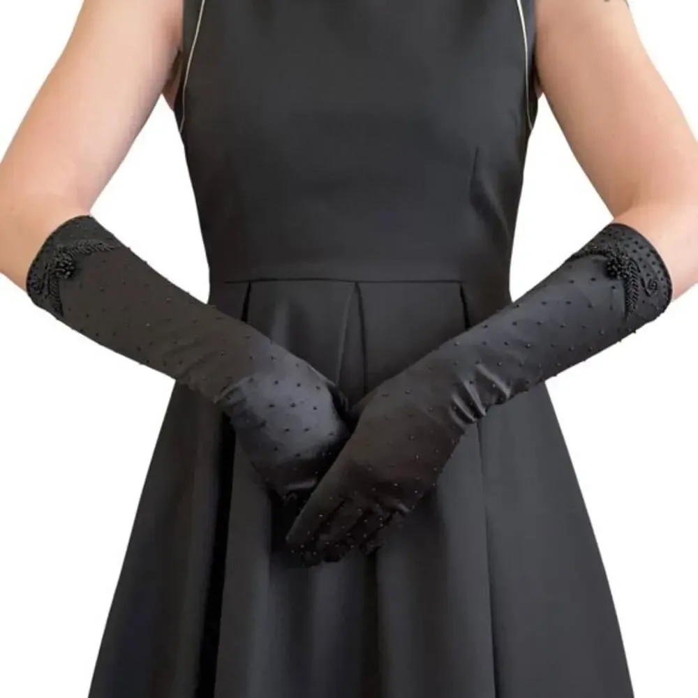 Vintage Beaded Black Satin Upper Forearm Long Formal Evening Gloves Size S/M